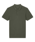An olive green, short-sleeved polo shirt with a collar and two-button placket is displayed flat on a white background.