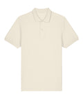 A cream-coloured, short-sleeved polo shirt with a collar and three-button placket is laid flat on a white background, featuring no visible logos or designs.