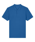 A blue short-sleeve polo shirt with a collar and two buttons is displayed flat on a white background.