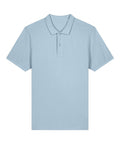 A Polos short-sleeve polo shirt in plain light blue, featuring a collar and two-button placket, is laid flat on a white background.