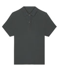 The polo shirt is plain, short-sleeved, and dark grey with a collar and two-button placket, shown laid flat on a white background.