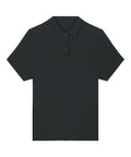 A black short-sleeve polo shirt with a collar and two buttons, featuring no visible logos or patterns, is displayed flat on a white background.