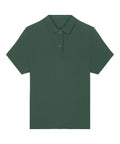 A green polo shirt with short sleeves, a classic collar, and a two-button placket is laid flat on a white background.