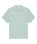 Polos: Light blue short-sleeve polo shirt featuring a collar and two-button placket, shown on a plain white background.