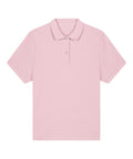 A plain light pink polo shirt with short sleeves is laid flat on a white background, featuring a collar and two-button placket.
