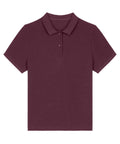 Polos: A solid burgundy, short-sleeved polo shirt with a collar and two-button placket, shown on a white background.