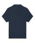 The Polo’s short-sleeved navy blue shirt, featuring a collar and two-button placket, is displayed on a white background.