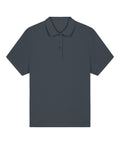 The Polos shirt is a dark grey, short-sleeve polo laid flat, featuring a collar and two-button placket. Its simple, classic design has no visible logos or patterns.