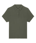 A short-sleeved polo shirt in olive green, featuring a collar and two-button neckline, displayed flat on a white background.