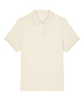 The polo shirt, in beige with short sleeves, a collar, and a two-button placket, is laid flat on a white background.