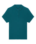 A polo shirt in plain teal is laid flat, displaying short sleeves, a collar, and two front buttons on the placket.