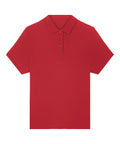 A polo shirt in plain red with short sleeves, a collar, and a two-button placket, displayed flat on a white background.