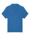 The Polos shirt is a solid blue, short-sleeved polo with a collar and two-button placket, shown laid flat on a white background. No logos or patterns are visible.