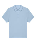 A light blue polo shirt with short sleeves is laid flat, featuring a collar and two-button placket. The shirt has a plain design with no visible logos or patterns.