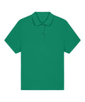 The Polos shirt is a plain green, short-sleeved polo with a collar and three-button placket, shown on a white background.