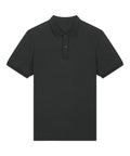 A plain black polo short-sleeve shirt with a collar and two buttons, displayed flat on a white background.
