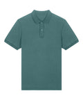 A teal short-sleeve polo shirt with a collar and two-button placket is laid flat on a white background.