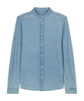 A light blue long-sleeve denim shirt called "Shirts," featuring a collar, white buttons, and visible stitching on seams and cuffs, displayed against a white background.