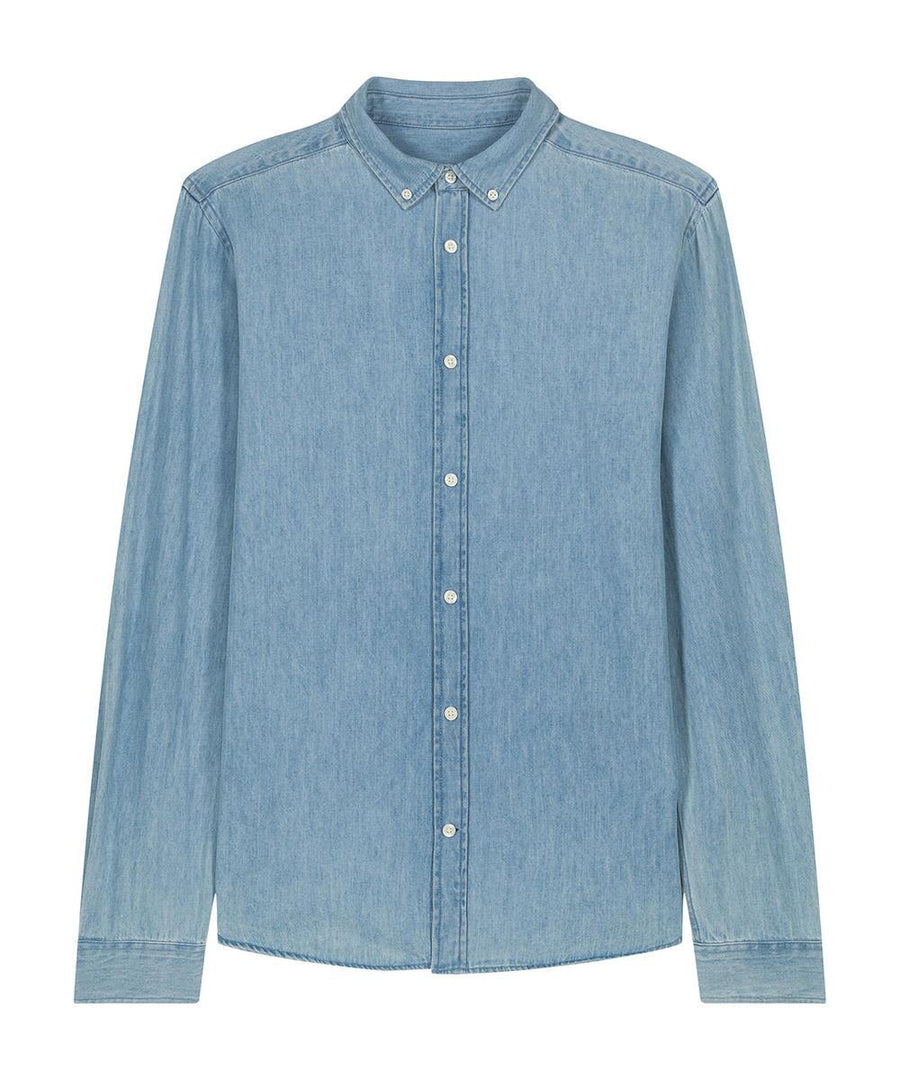 A light blue long-sleeve denim shirt called "Shirts," featuring a collar, white buttons, and visible stitching on seams and cuffs, displayed against a white background.