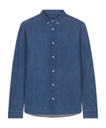 The Shirts product is a long-sleeve denim shirt featuring a button-down collar and white buttons, shown against a plain white background.