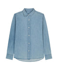 A light blue long-sleeve denim shirt from Shirts, featuring a collar and white front buttons, laid flat on a white background.