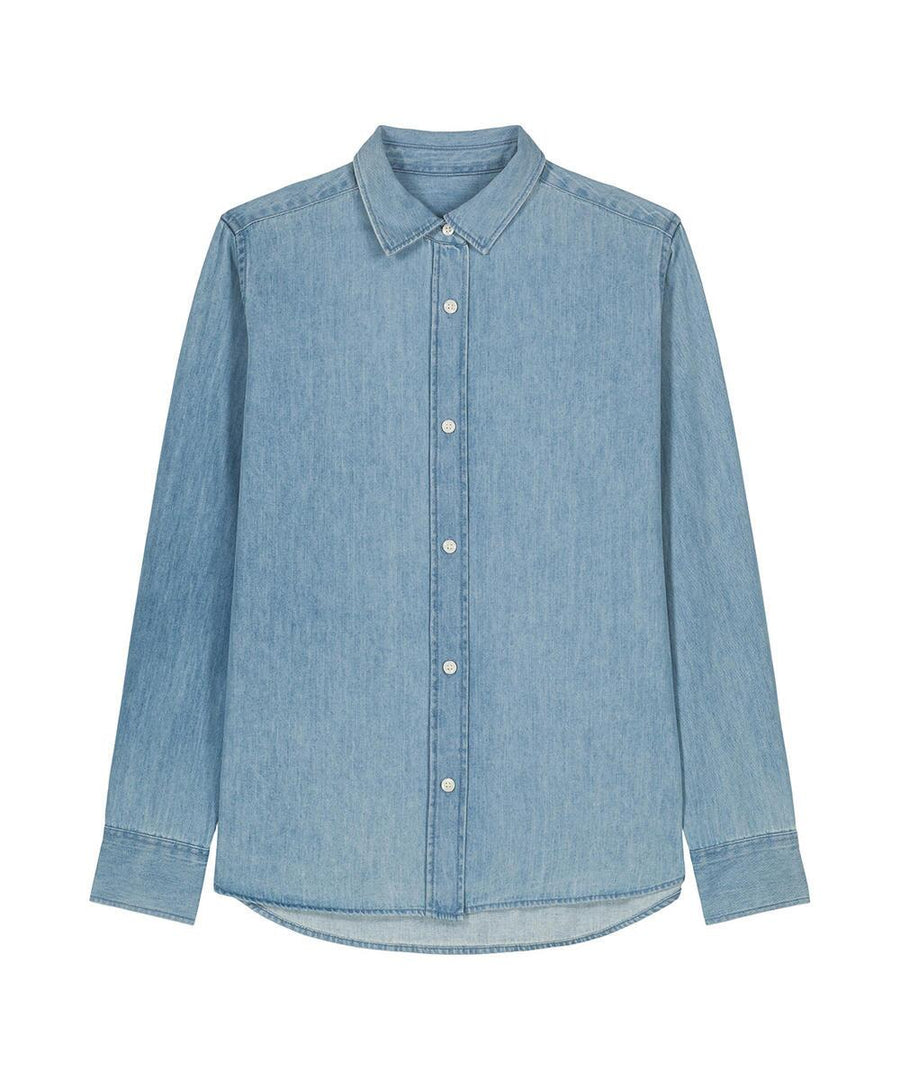 A light blue long-sleeve denim shirt from Shirts, featuring a collar and white front buttons, laid flat on a white background.