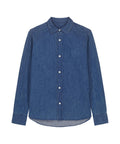 A long-sleeved denim shirt with a collar, white buttons, and a slightly curved hem is displayed on a plain white background.