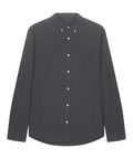 A black long-sleeve button-up shirt from Shirts, featuring a pointed collar and white buttons, displayed on a plain white background.