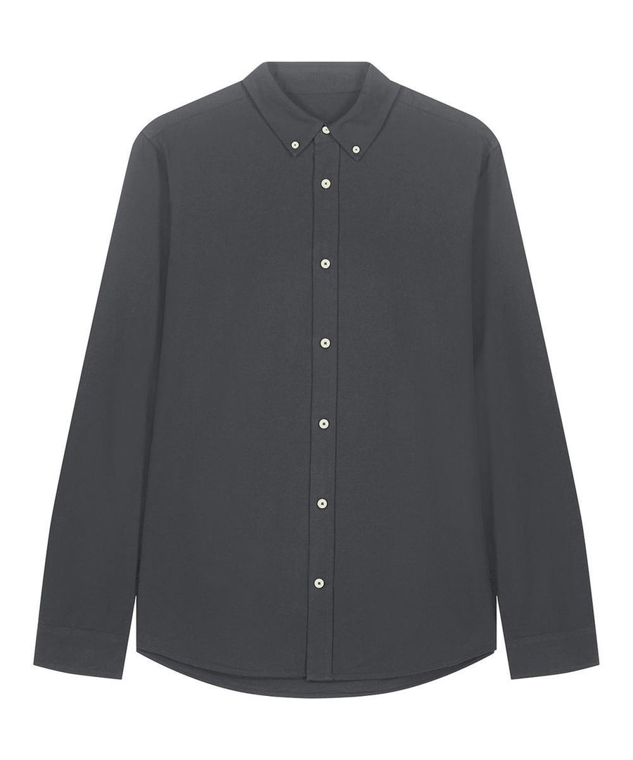 A black long-sleeve button-up shirt from Shirts, featuring a pointed collar and white buttons, displayed on a plain white background.