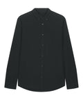 A black long-sleeve button-up shirt from Shirts, featuring a pointed collar, is displayed flat on a white background.