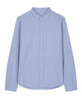A light blue, long-sleeve button-up shirt with a collar is laid flat on a white background, all buttons fastened.