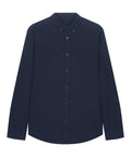A solid dark navy blue long-sleeve button-up shirt with a classic collar, buttoned cuffs, and a straight hem, shown against a white background.