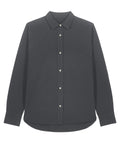 Shirts: A solid black, long-sleeved button-up with white buttons and a classic collar, shown on a plain white background.