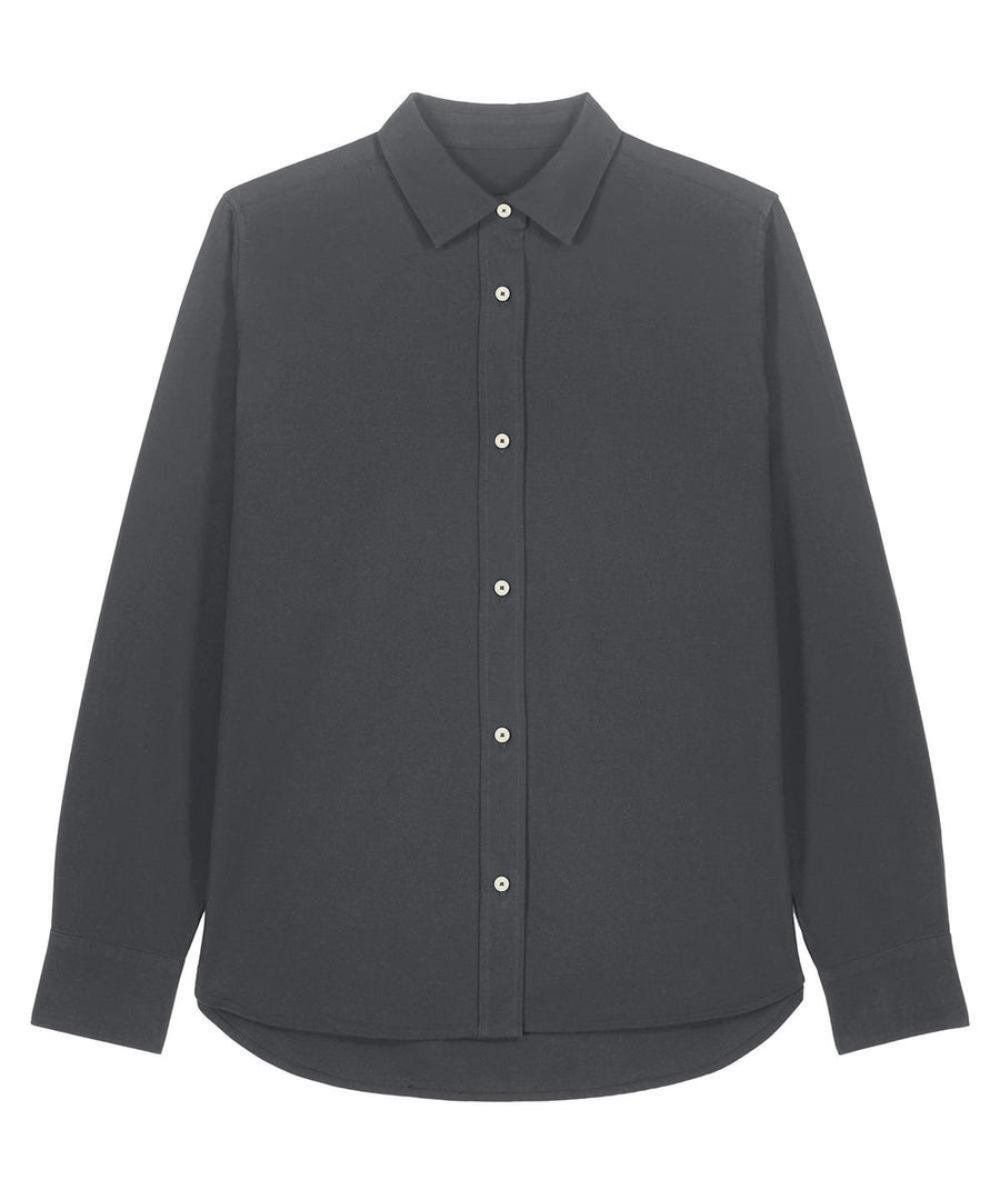 Shirts: A solid black, long-sleeved button-up with white buttons and a classic collar, shown on a plain white background.