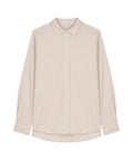 The Shirts product is a light beige, long-sleeved button-up with a collar and buttoned cuffs, shown laid flat on a white background. Its classic design includes front buttons for a timeless look.