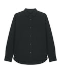 A black long-sleeve button-up shirt from the Shirts collection, featuring a collar and displayed flat on a white background.
