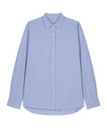 A light blue long-sleeve shirt button-up with a pointed collar and white buttons, laid flat on a white background.