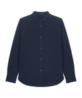 A black, long-sleeve shirt button-up with a collar is laid flat on a white background.