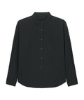 A long-sleeved black shirt button-up with a pointed collar, displayed on a plain white background.