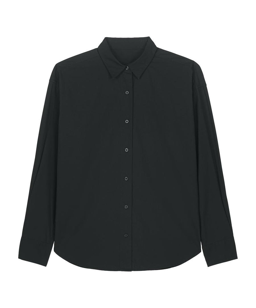 A long-sleeved black shirt button-up with a pointed collar, displayed on a plain white background.