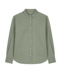 A muted green, long-sleeved "Shirts" product with a button-up front, pointed collar, and simple button cuffs is displayed laid flat on a white background.