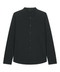 A black long-sleeve button-up shirt with a collar, shown on a white background.