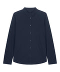 A solid black, long-sleeved button-up shirt with a collar, shown on a white background.