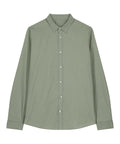 A sage green, long-sleeved shirt button-up with a collar is displayed flat on a white background.