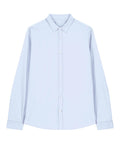 A light blue, long-sleeved shirt button-up with a pointed collar, white buttons, and visible seam stitching, displayed flat on a white background.