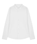 A classic long-sleeve button-up white shirt with a collar, featuring a simple design and buttons down the front, laid flat against a white background.