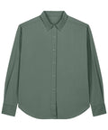 A muted green, long-sleeve button-up shirt from Shirts is laid flat on a white background, featuring a pointed collar and curved hem.