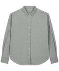 A plain, long-sleeved light grey button-up shirt from Shirts, featuring a pointed collar and white buttons, displayed flat on a white background.
