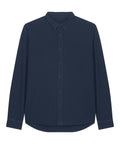 A navy blue shirt long-sleeve button-up with a pointed collar, visible seams, and front buttons, shown laid flat on a white background.