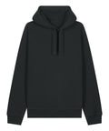 A black hooded sweatshirt with long sleeves, a front pocket, and a drawstring hood is displayed on a white background.